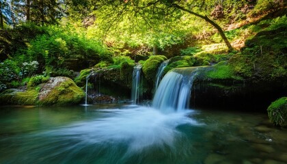 Gentle waterfalls flow over moss-covered rocks, surrounded by lush greenery during springtime.