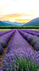Fototapeta premium A vibrant lavender field stretches under a colorful sunset, bordered by mountains, creating a serene and picturesque landscape.