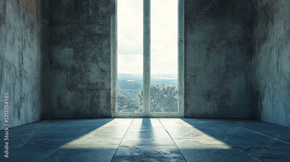Poster empty concrete room with large window overlooking green hills