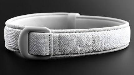  thick, white lifting belt with a gray buckle sits on a dark surface