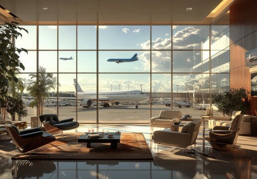 Modern Airport Lounge with Comfortable Seating Overlooking Airplanes and Runway, Bright Sunlight Streaming Through Large Windows, Serene Travel Experience