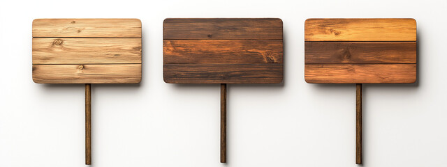 Wooden signboards on sticks in various shades of brown, showcasing natural textures and finishes. Ideal for outdoor settings or decorative purposes