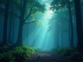 Naklejka premium Misty forest path, sunbeams illuminate the scene