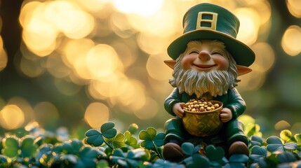 Fototapeta premium A cheerful leprechaun figurine holding a pot of gold sits among clovers, with a soft, glowing background