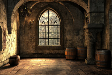 Fototapeta premium Medieval European Building Interior with Dramatic Lighting