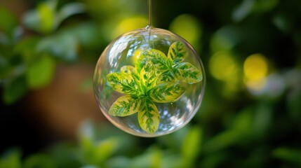 Glass sphere with green plant inside hanging outdoors.