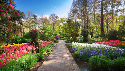 A winding pathway surrounded by blooming flowers invites visitors to explore the beauty of spring.