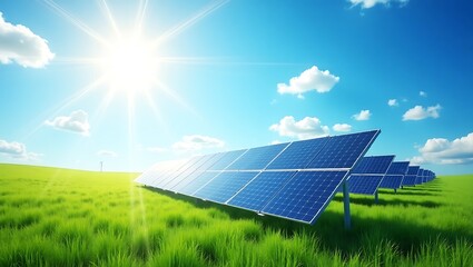 Solar panels, green grassy field, blue sky, white fluffy clouds, sunlight, renewable energy, photorealistic, high resolution, vibrant colors, environmental sustainability, clean energy