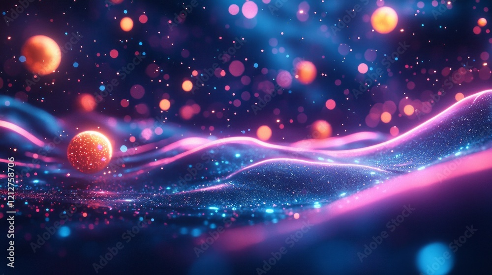 Poster Vibrant neon scribbles pulse and glow in a dark space, intertwining with colorful dots that dance, creating an energetic and mesmerizing experience for viewers drawn into the composition