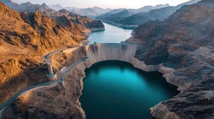 Fototapeta premium A massive dam surrounded by rugged mountains under a clear blue sky,