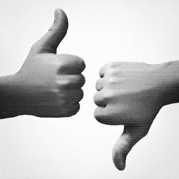 Thumbs up and thumbs down signs, symbolizing positive and negative opinions or votes. Retro, vintage grayscale design with halftone and dotted texture Vector illustration isolated