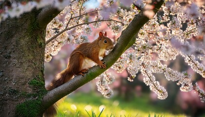 Obraz premium A curious squirrel explores a branch surrounded by vibrant cherry blossoms in springtime.
