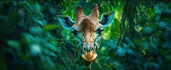 Giraffe is in a green forest