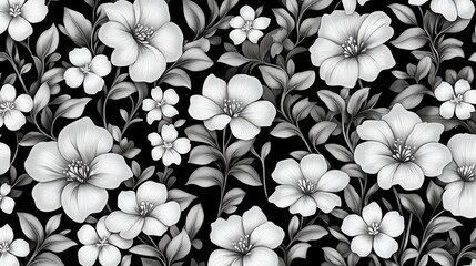 Fototapeta premium Hand-Drawn Black and White Floral Pattern, Seamless Design, Graphic Art, Botanical, Detailed Blossoms and Leaves