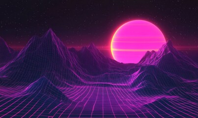 A purple and pink landscape with a large red sun in the sky