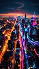 Futuristic neon cityscape at night with vibrant lights and sky