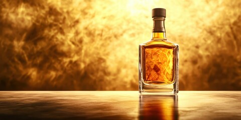 Bottle of liquor is sitting on a table