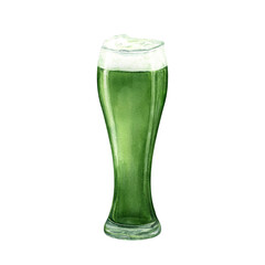 Watercolor full green ale glass with cap of foam illustration isolated background. Traditional Irish green malt Weizen Beer glass. St. Patrick day leprechaun drink element for holiday greeting card