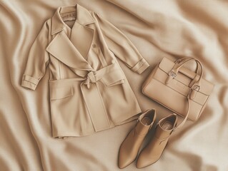 A high-fashion composition of clothing items: a Mocha Mousse trench coat, beige ankle boots, and a matching leather handbag