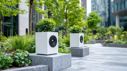 Fototapeta premium Modern white cubic speaker planters with green shrubs stand on stone pedestals in a sunny corporate plaza.