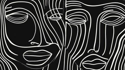 A black-and-white line art portrait with clean, simple strokes. Abstract shapes or faces that give a modern and elegant vibe. Suitable for Scandinavian or minimalist decor styles.