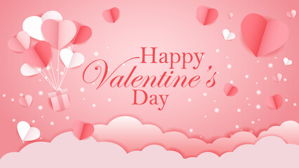 flying hearts and clouds valentine background and paper cut decoration