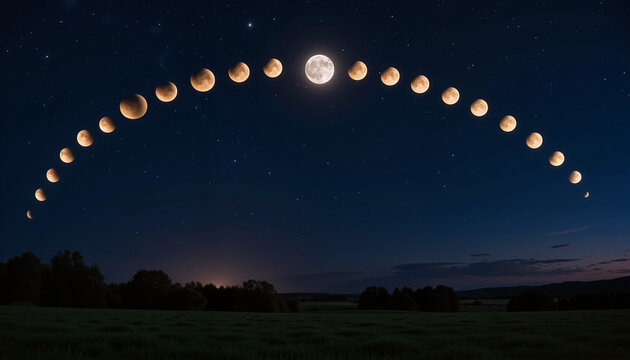 Chronological display of the moon phases including a full moon against a starry night sky