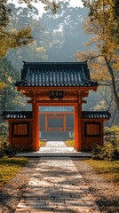 Obraz premium Cinematic Japanese Shrine Path with Red Torii Gate, Magical Sunlight, and Floating Light Particles