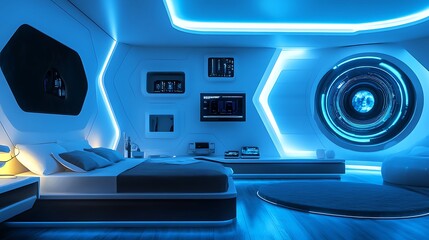 Stylish futuristic room interior showcasing electronics and illuminated decor