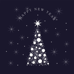Christmas tree with white star and balls. Christmas card. Vector image.