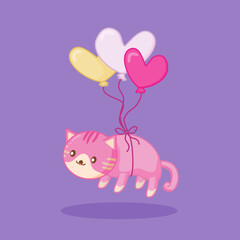 Cute Playful Cat with Heart Balloons Illustration