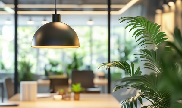 warm and inviting office space featuring stylish pendant lamp and lush green plant, creating serene atmosphere for productivity and collaboration