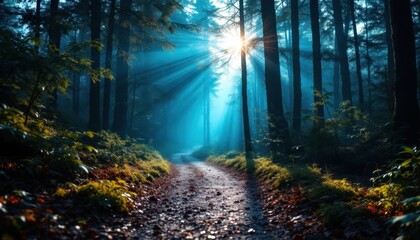 Obraz premium Sunlit forest path in misty woodland morning landscape