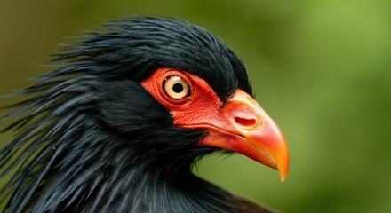 Close-up of a striking bird with vibrant orange beak and red facial features
