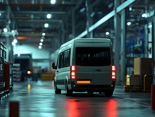 Transport minibus in warehouse, logistics. cargo delivery. Neural network AI generated art