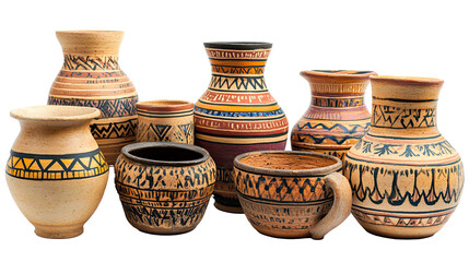 Clay pots showing traditional pottery techniques isolated on transparent background