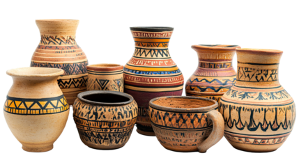 Clay pots showing traditional pottery techniques isolated on transparent background