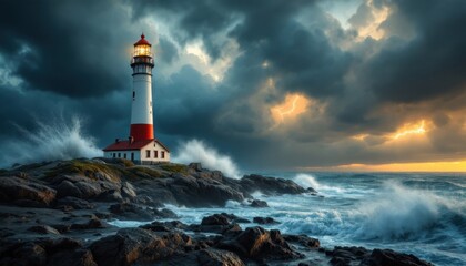 Obraz premium Majestic lighthouse at sunset amidst crashing waves and dramatic clouds