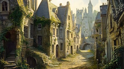 Fototapeta premium Overgrown Stone Village Street Leading To Castle