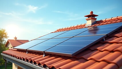 Fototapeta na wymiar Solar panels, residential roof, red tiles, eco-friendly home, sustainable energy, sunny day, blue sky, white clouds, green foliage, suburban house, energy efficiency, photovoltaic system