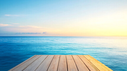 Fototapeta premium A serene wooden dock extends over calm waters, illuminated by the soft glow of a sunset, creating a tranquil seaside atmosphere.