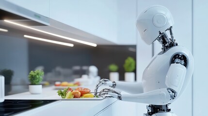 Futuristic robot chef preparing meals, sleek design, modern kitchen setting, showcasing advanced culinary technology.