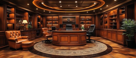 Luxurious wooden home office with leather furniture.