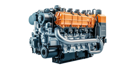Modern, powerful diesel engine isolated on a transparent background, showcasing its intricate components and robust design