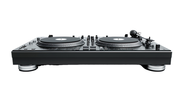 Professional dj turntable playing vinyl record on transparent background