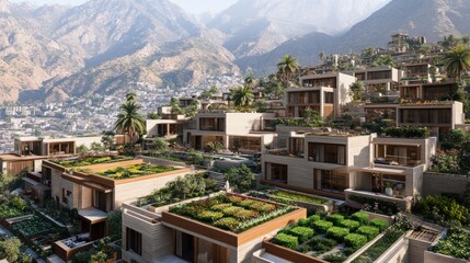 Fototapeta premium Hillside eco-village with green roofs and mountain views.