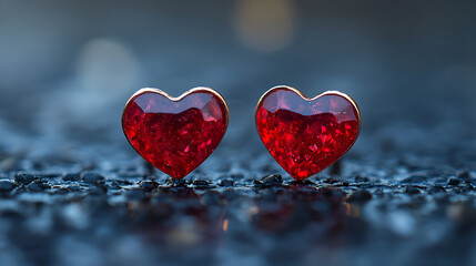 Fototapeta premium A pair of heart-shaped red earrings lying on a flat background