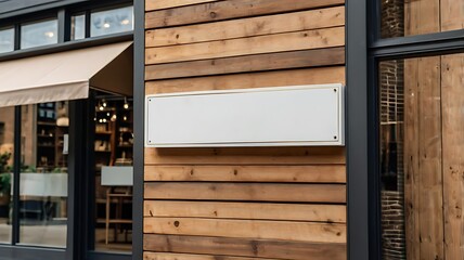 A matte white blank nameplate on a wooden storefront, perfect for an eco-conscious brand design.