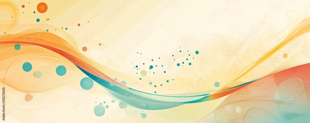 Poster abstract orange and teal waves flowing with dots on light yellow background