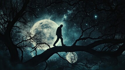 Man walking moonlit branch, cosmic forest, fantasy art
